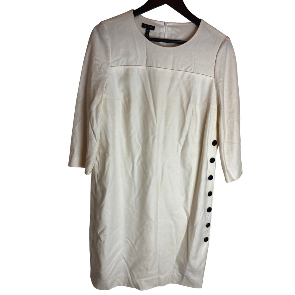 Escada Dascalopana Off White Virgin Wool Side Button Shift Dress IT 40 US 6 8